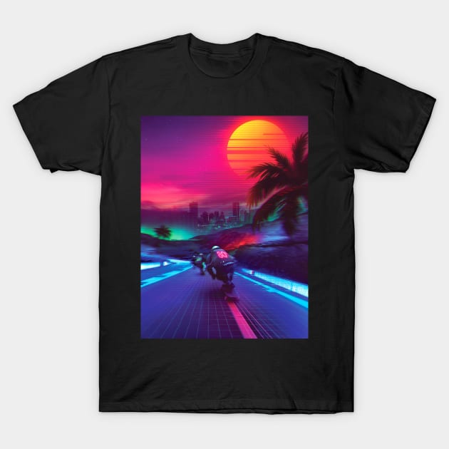 Synthwave Midnight Outrun T-Shirt by dennybusyet